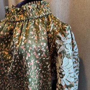 THML Olive Green Embroidered Puff Sleeve Floral Blouse Ruffle Neck Boho Top